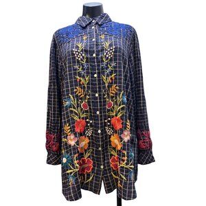 NWT Johnny Was Navy Embroidered Tunic Blouse L